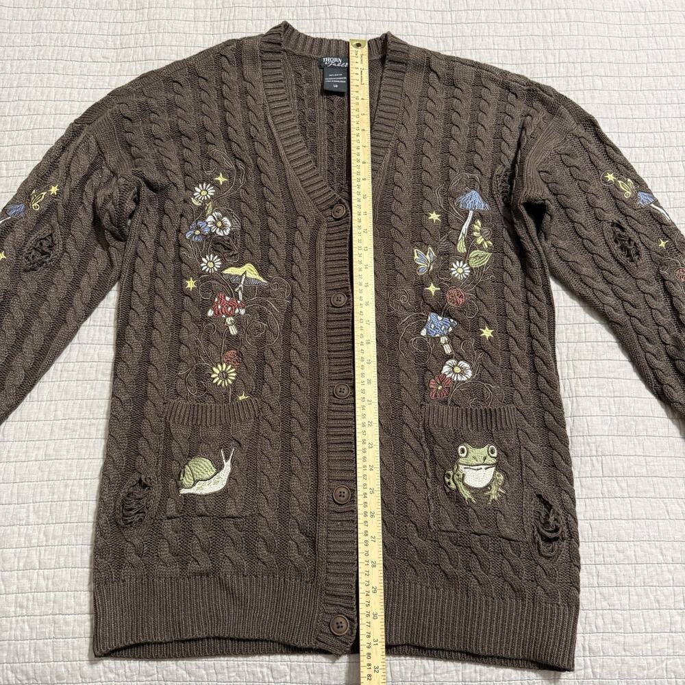 Thorn & Fable Mushroom & Frog Cable Knit Cardigan Size Large - Picture 6 of 7